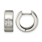 Stainless Steel Polished & Brushed Hinged Cubic Zirconia Huggie Hoop Earrings