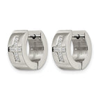 Stainless Steel Polished & Brushed Hinged Cross Cubic Zirconia Huggie Hoop Earrings