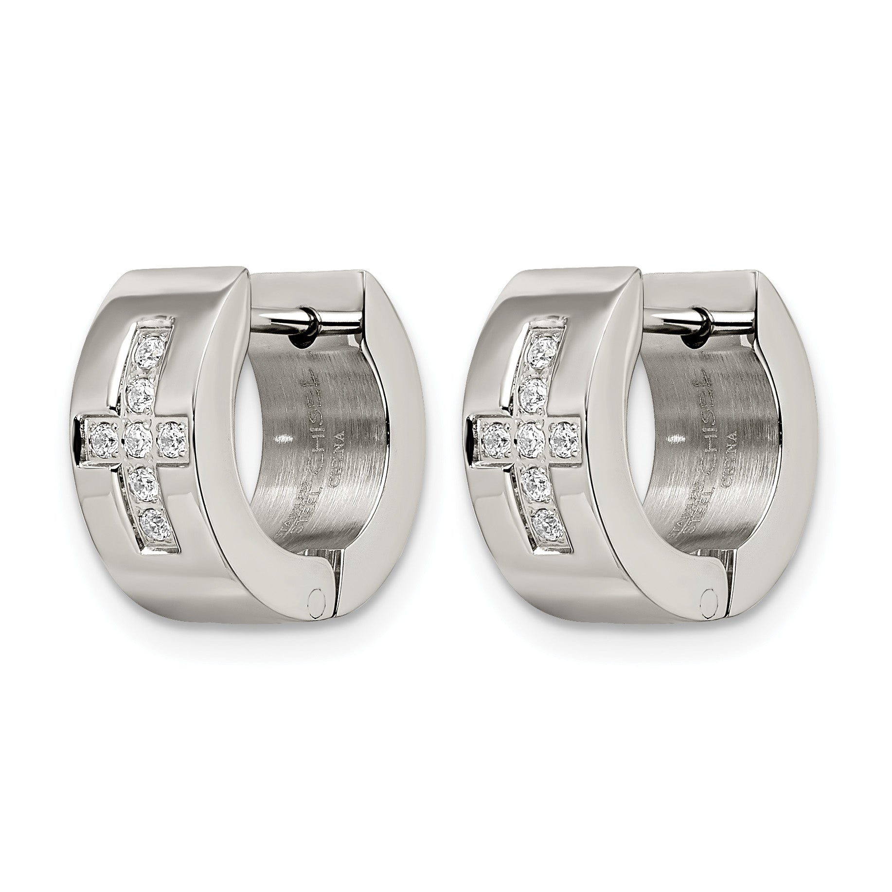 Stainless Steel Polished & Brushed Hinged Cross Cubic Zirconia Huggie Hoop Earrings