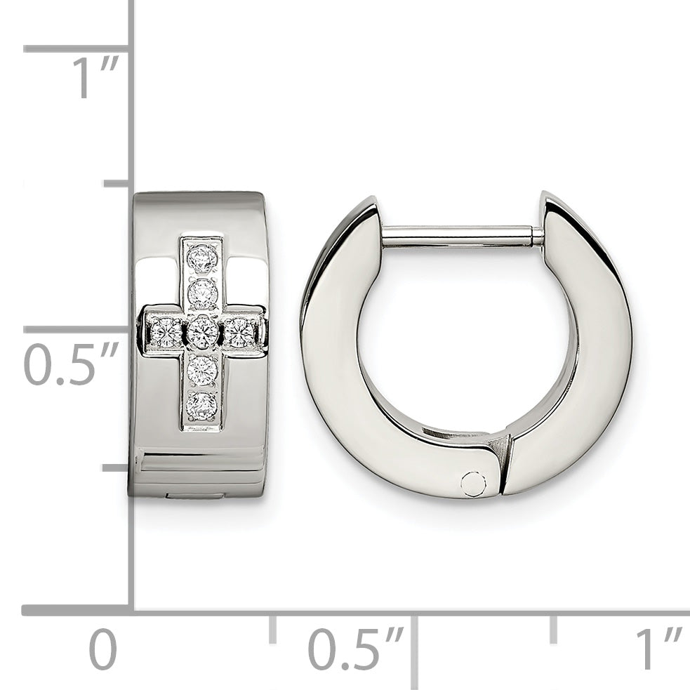 Stainless Steel Polished & Brushed Hinged Cross Cubic Zirconia Huggie Hoop Earrings