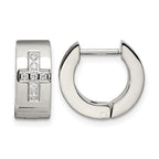 Stainless Steel Polished & Brushed Hinged Cross Cubic Zirconia Huggie Hoop Earrings