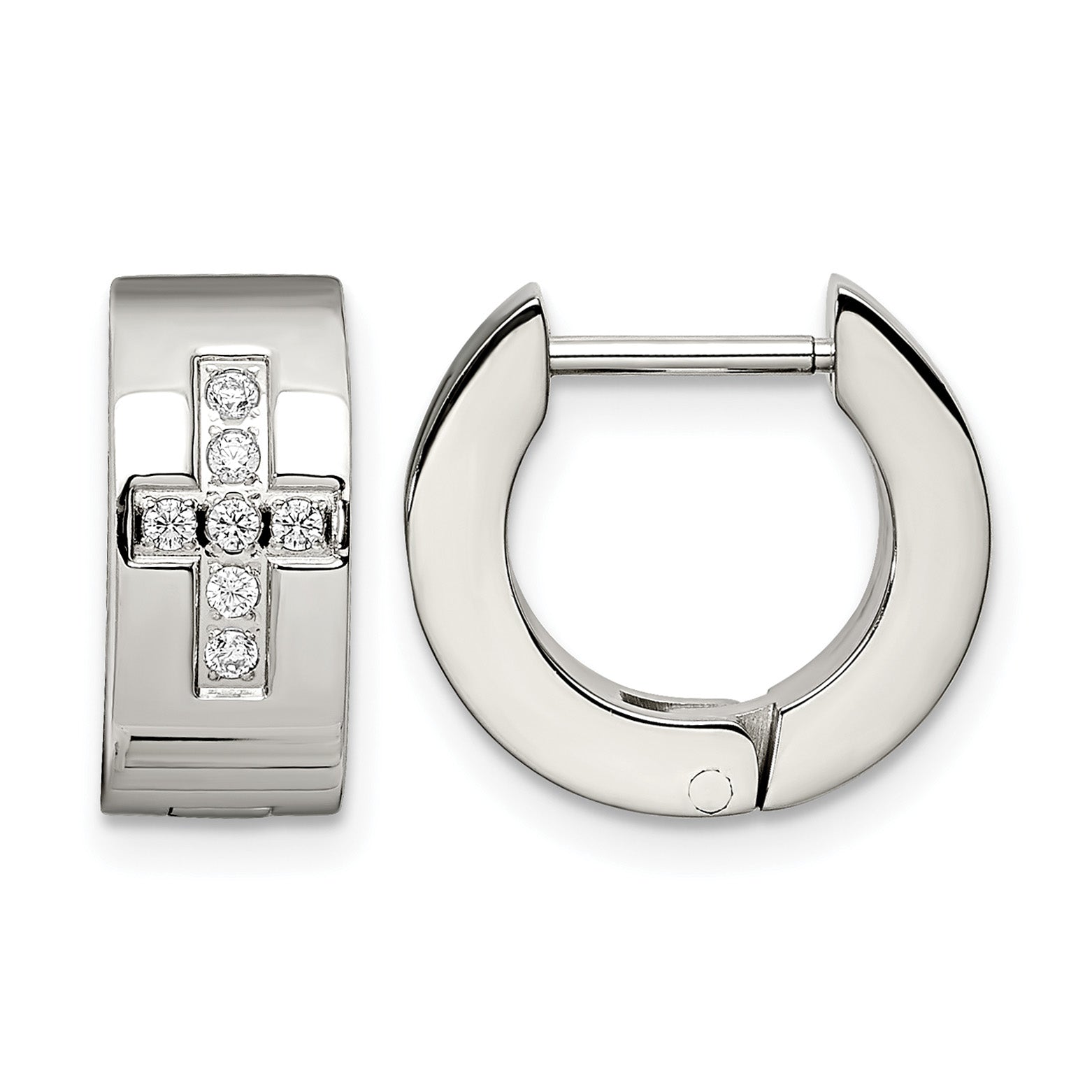 Stainless Steel Polished & Brushed Hinged Cross Cubic Zirconia Huggie Hoop Earrings