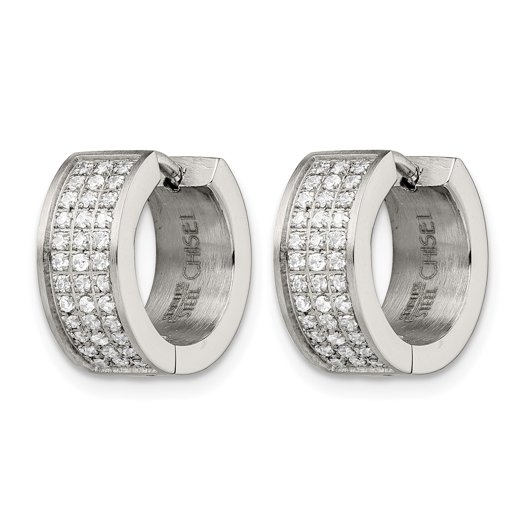 Stainless Steel Polished & Brushed Hinged Cubic Zirconia Huggie Hoop Earrings Secondary image