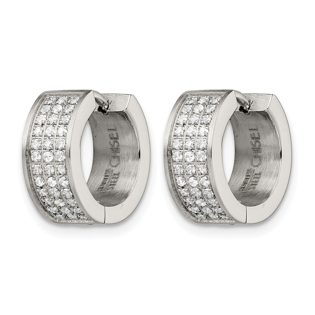 Stainless Steel Polished & Brushed Hinged Cubic Zirconia Huggie Hoop Earrings