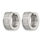 Stainless Steel Polished & Brushed Hinged Cubic Zirconia Huggie Hoop Earrings