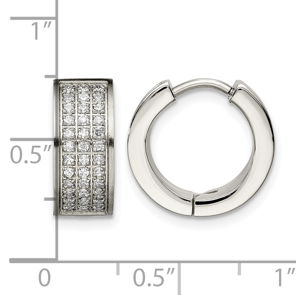 Stainless Steel Polished & Brushed Hinged Cubic Zirconia Huggie Hoop Earrings