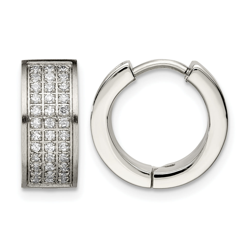 Stainless Steel Polished & Brushed Hinged Cubic Zirconia Huggie Hoop Earrings