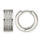 Stainless Steel Polished & Brushed Hinged Cubic Zirconia Huggie Hoop Earrings