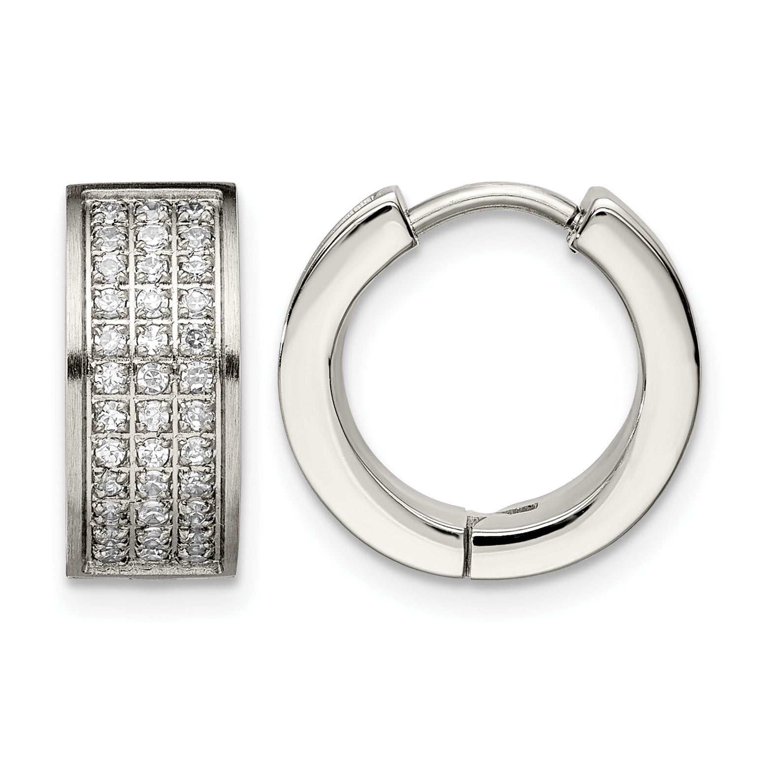 Stainless Steel Polished & Brushed Hinged Cubic Zirconia Huggie Hoop Earrings