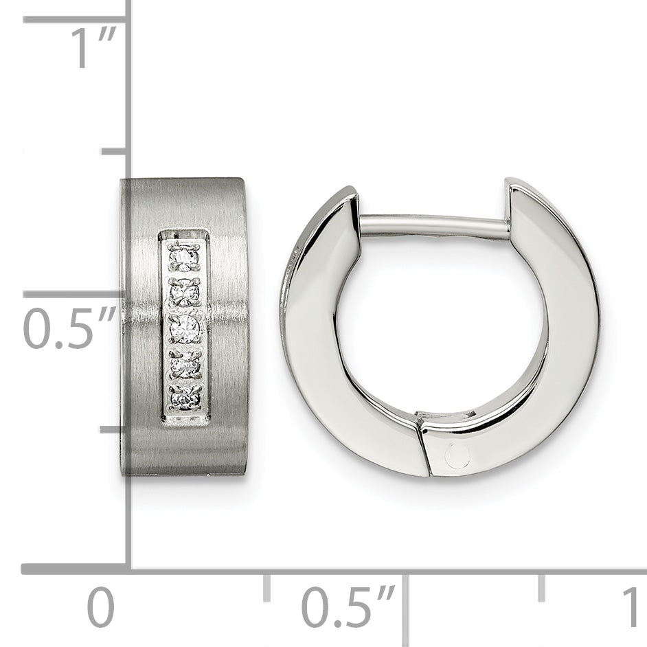Stainless Steel Polished & Brushed Hinged Cubic Zirconia Huggie Hoop Earrings