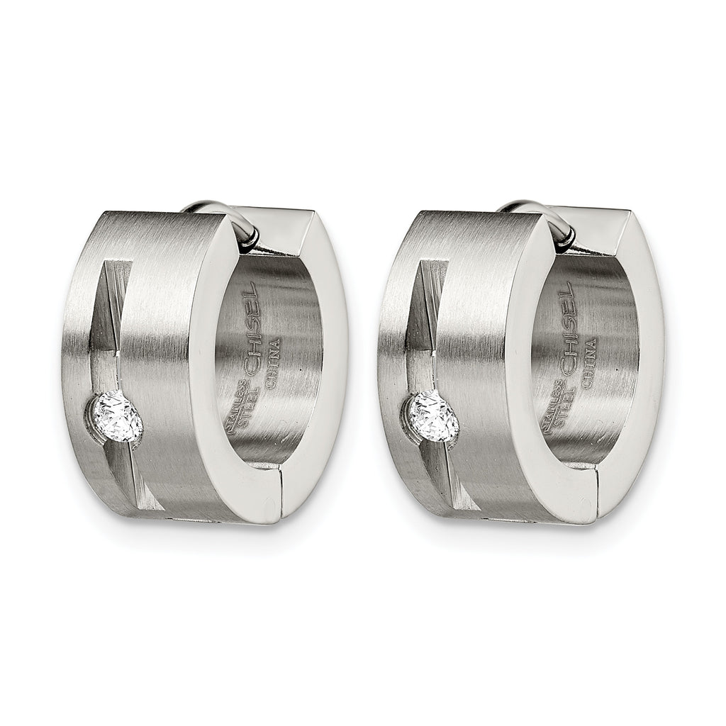 Stainless Steel Polished & Brushed Hinged Cubic Zirconia Huggie Hoop Earrings