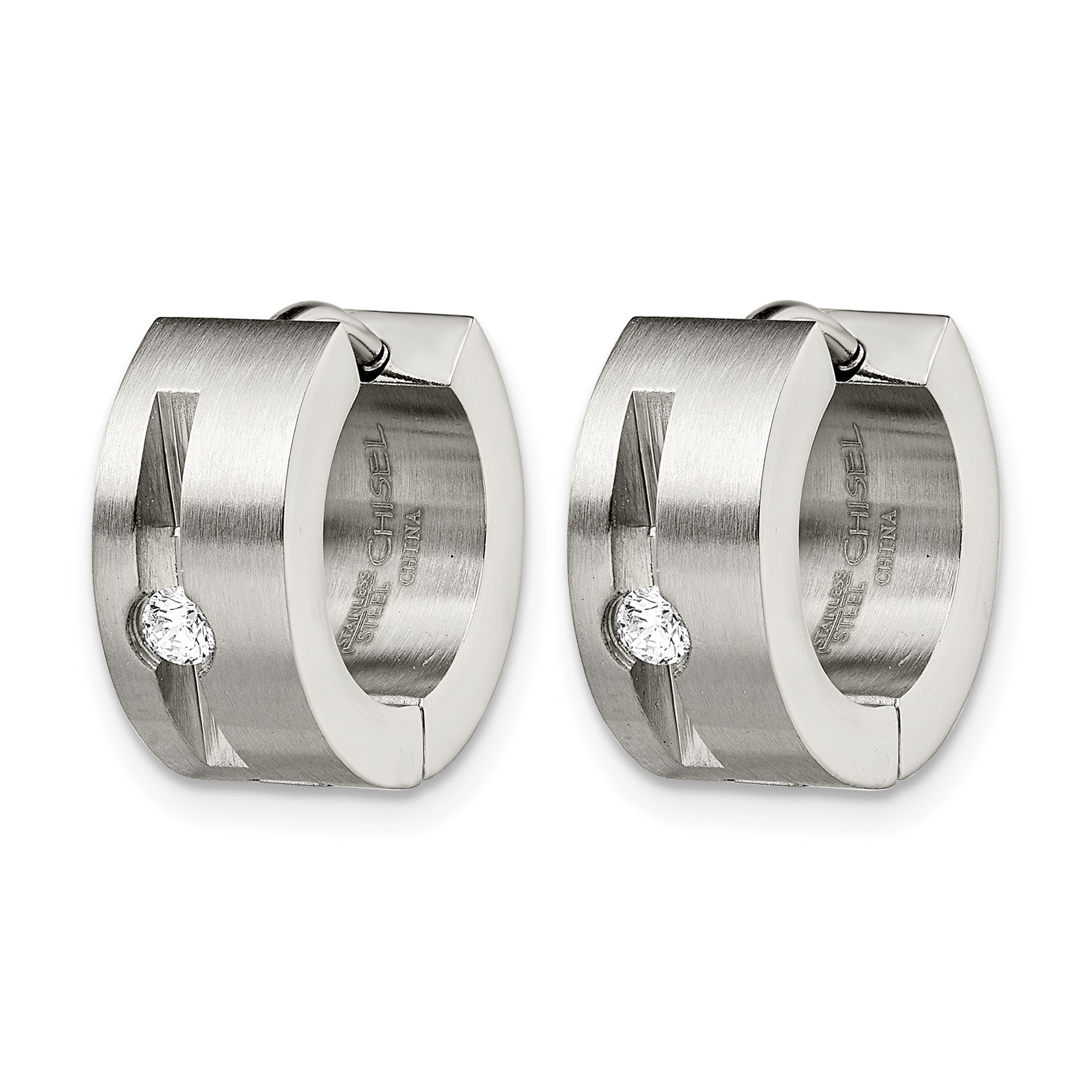 Stainless Steel Polished & Brushed Hinged Cubic Zirconia Huggie Hoop Earrings