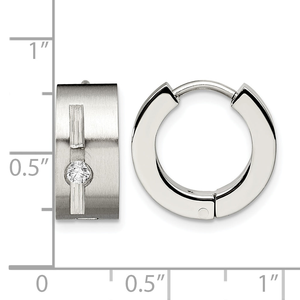 Stainless Steel Polished & Brushed Hinged Cubic Zirconia Huggie Hoop Earrings