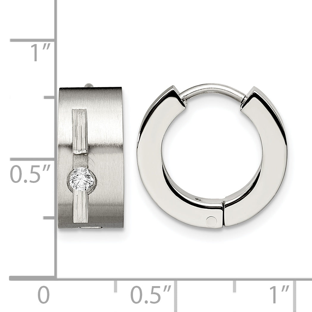 Stainless Steel Polished & Brushed Hinged Cubic Zirconia Huggie Hoop Earrings