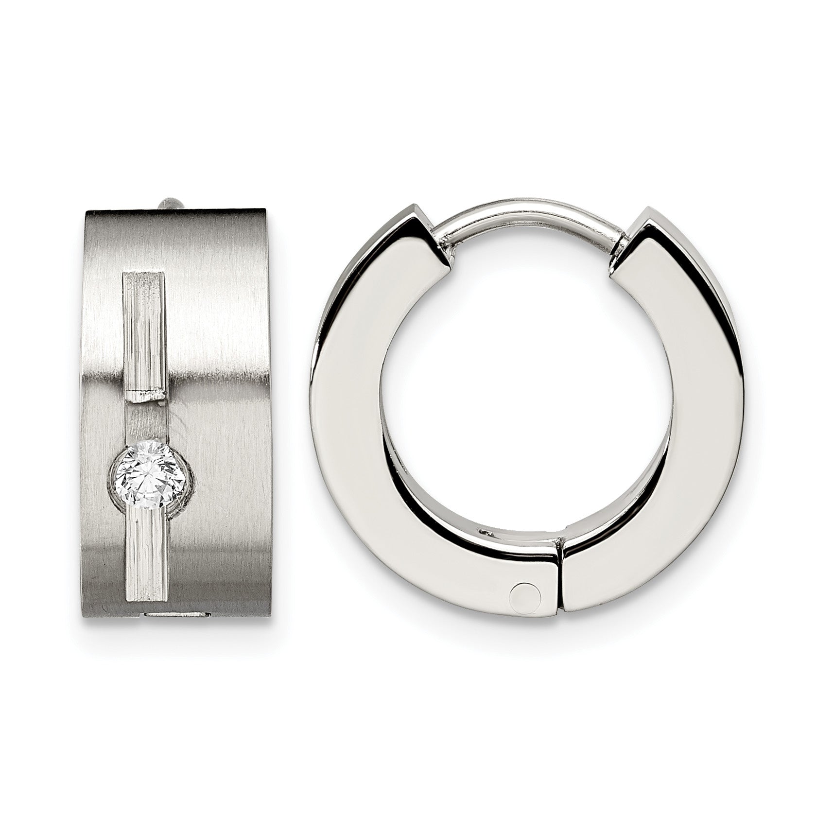 Stainless Steel Polished & Brushed Hinged Cubic Zirconia Huggie Hoop Earrings Main image