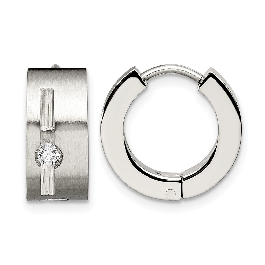 Stainless Steel Polished & Brushed Hinged Cubic Zirconia Huggie Hoop Earrings