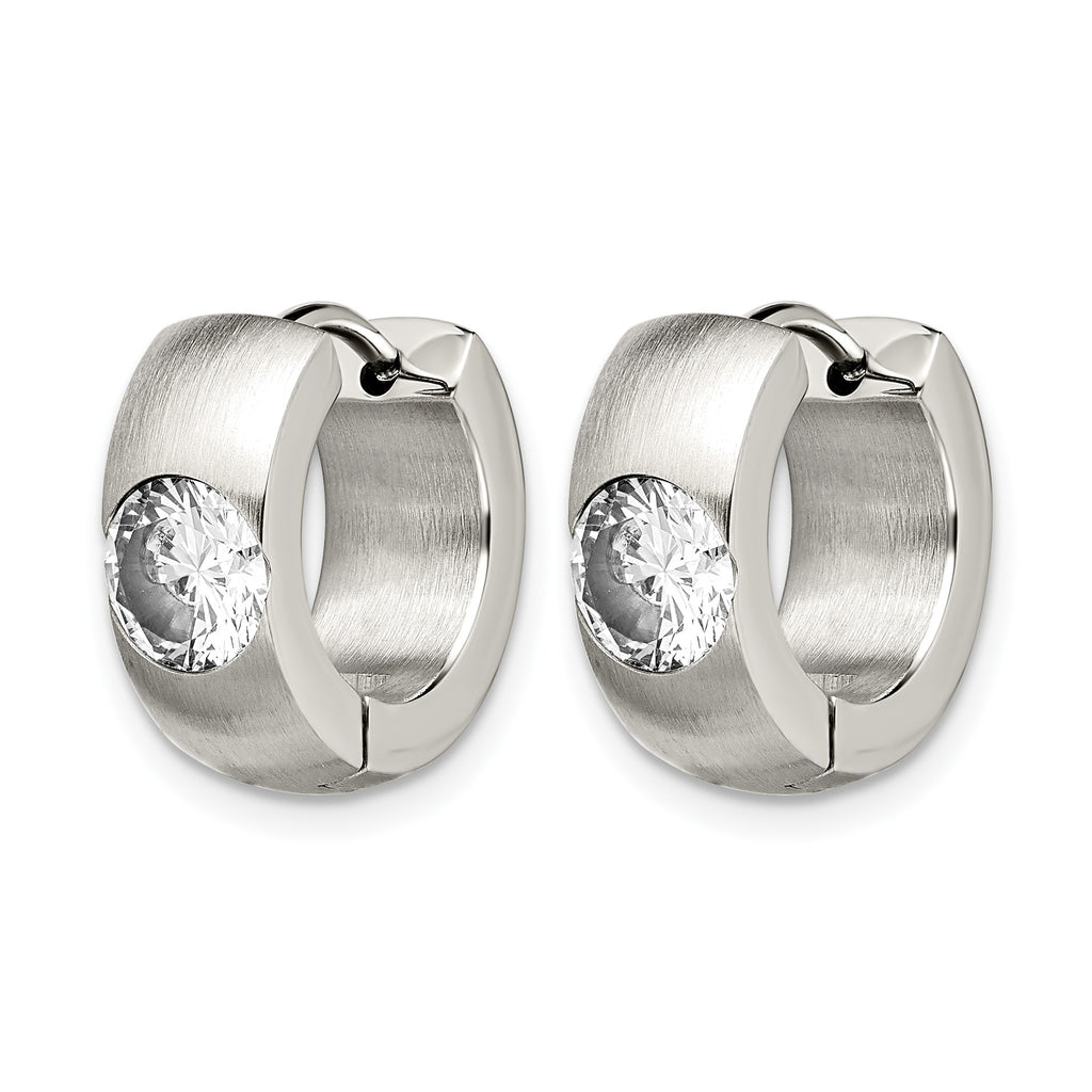 Stainless Steel Polished & Brushed Round Hinged Cubic Zirconia Huggie Hoop Earrings