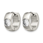 Stainless Steel Polished & Brushed Round Hinged Cubic Zirconia Huggie Hoop Earrings