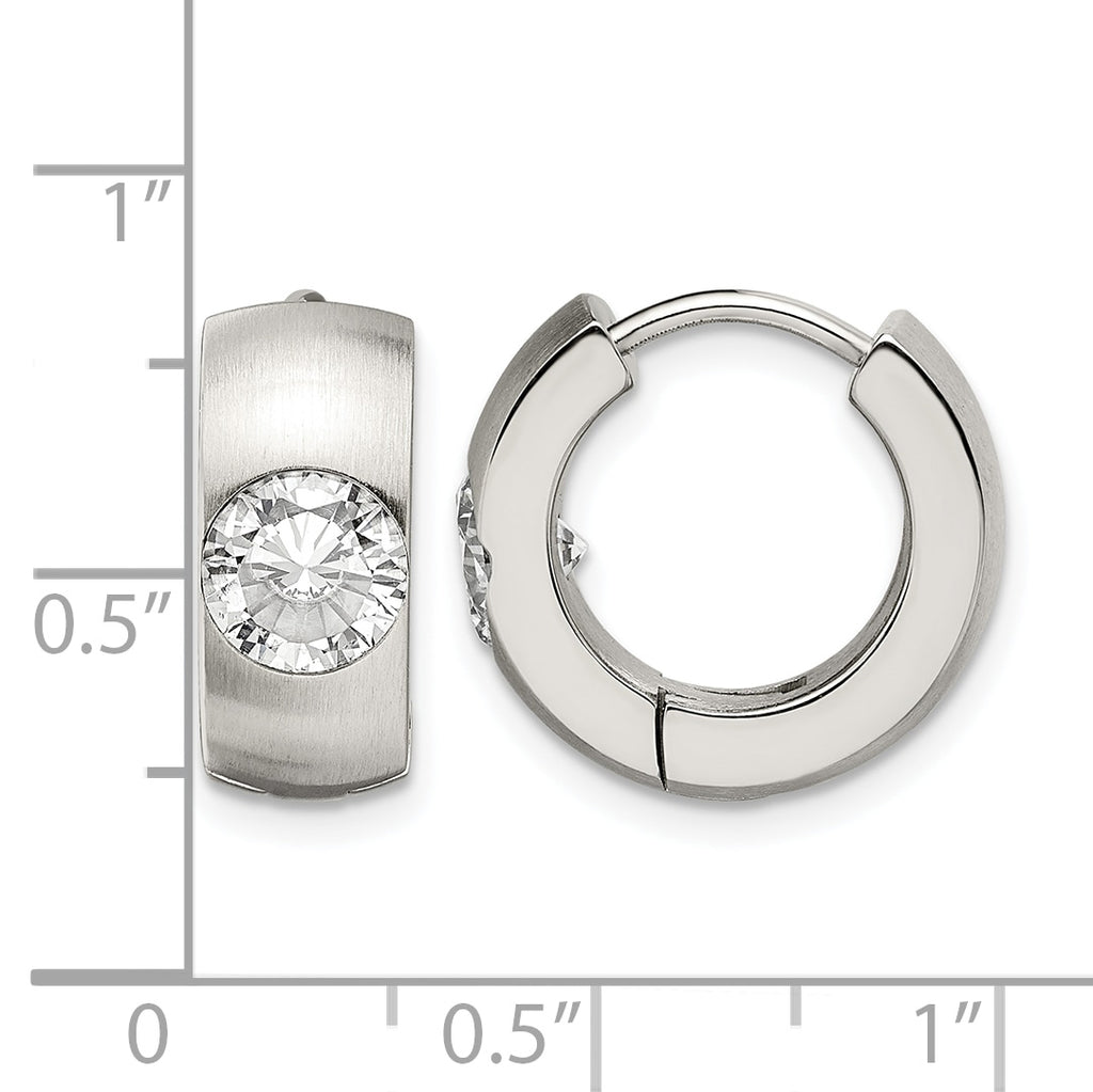 Stainless Steel Polished & Brushed Round Hinged Cubic Zirconia Huggie Hoop Earrings
