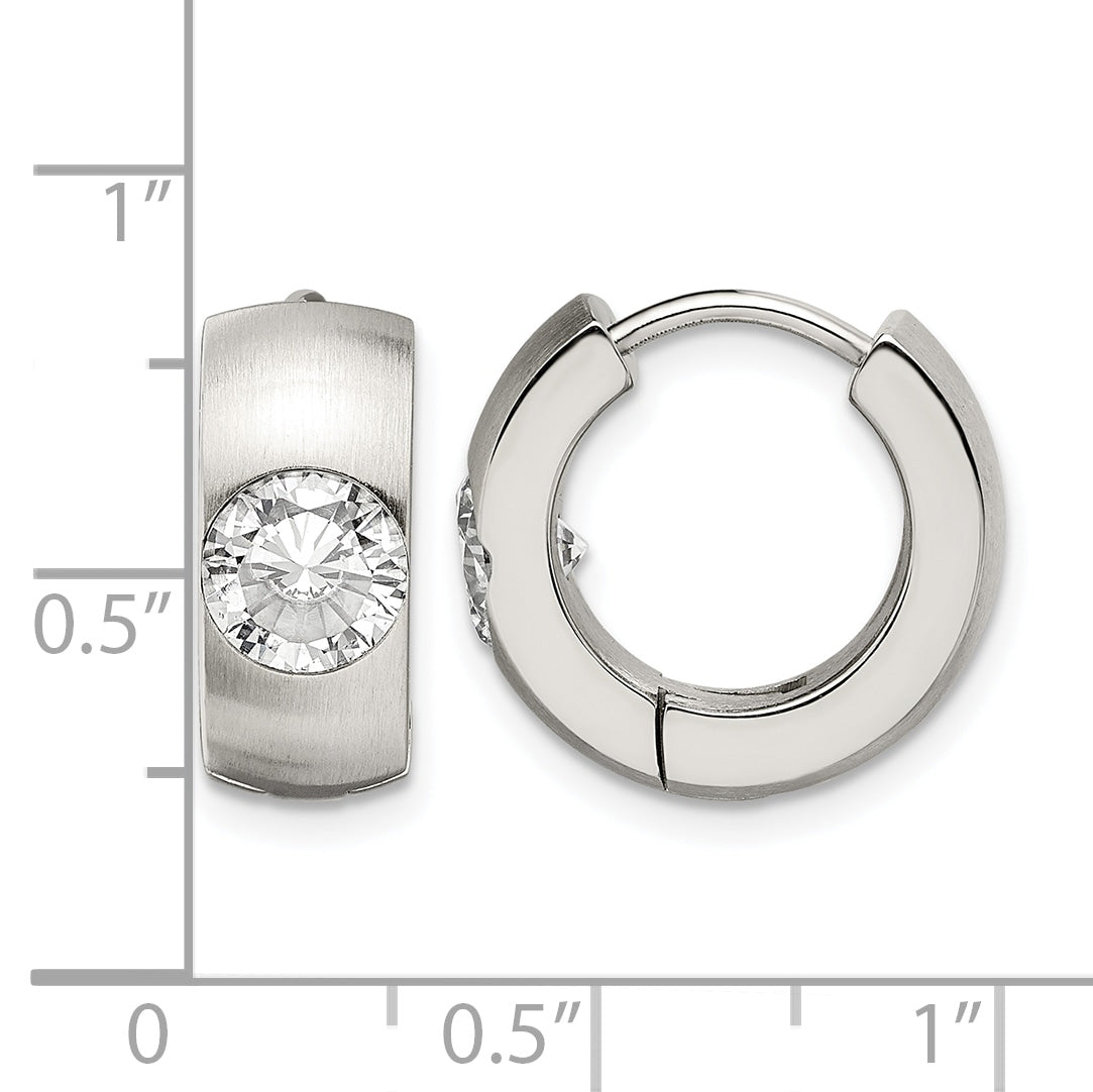 Stainless Steel Polished & Brushed Round Hinged Cubic Zirconia Huggie Hoop Earrings