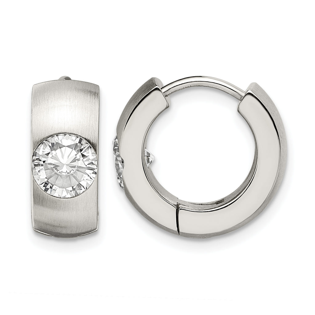 Stainless Steel Polished & Brushed Round Hinged Cubic Zirconia Huggie Hoop Earrings