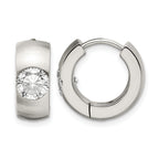 Stainless Steel Polished & Brushed Round Hinged Cubic Zirconia Huggie Hoop Earrings