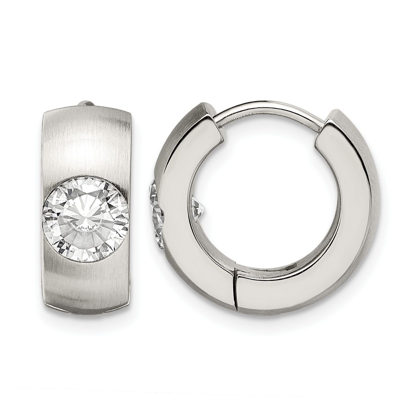 Stainless Steel Polished & Brushed Round Hinged Cubic Zirconia Huggie Hoop Earrings