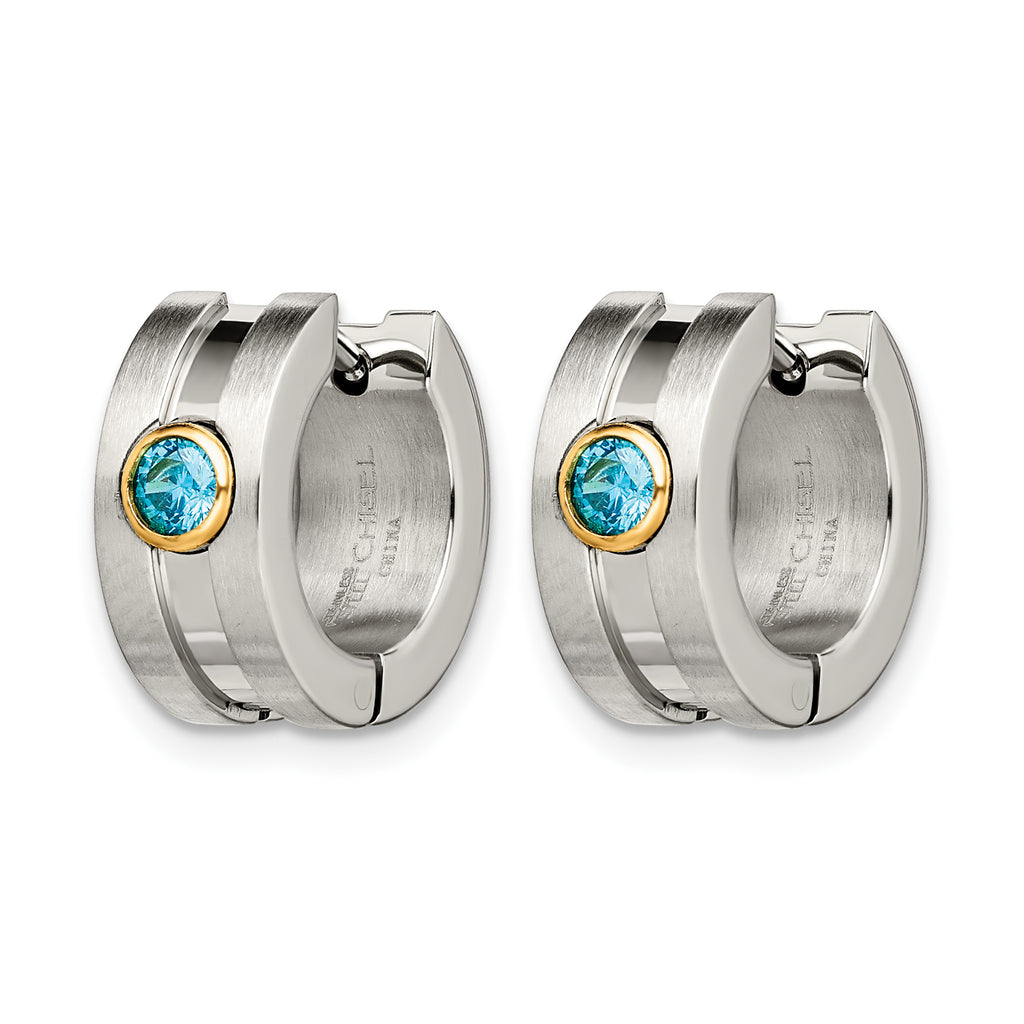 Stainless Steel Gold-Tone Polished & Brushed Hinged Blue Cubic Zirconia Huggie Hoop Earrings