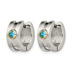 Stainless Steel Gold-Tone Polished & Brushed Hinged Blue Cubic Zirconia Huggie Hoop Earrings
