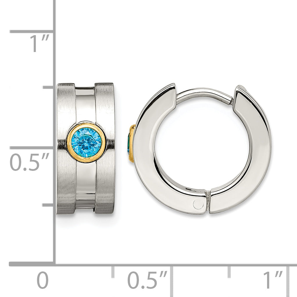 Stainless Steel Gold-Tone Polished & Brushed Hinged Blue Cubic Zirconia Huggie Hoop Earrings
