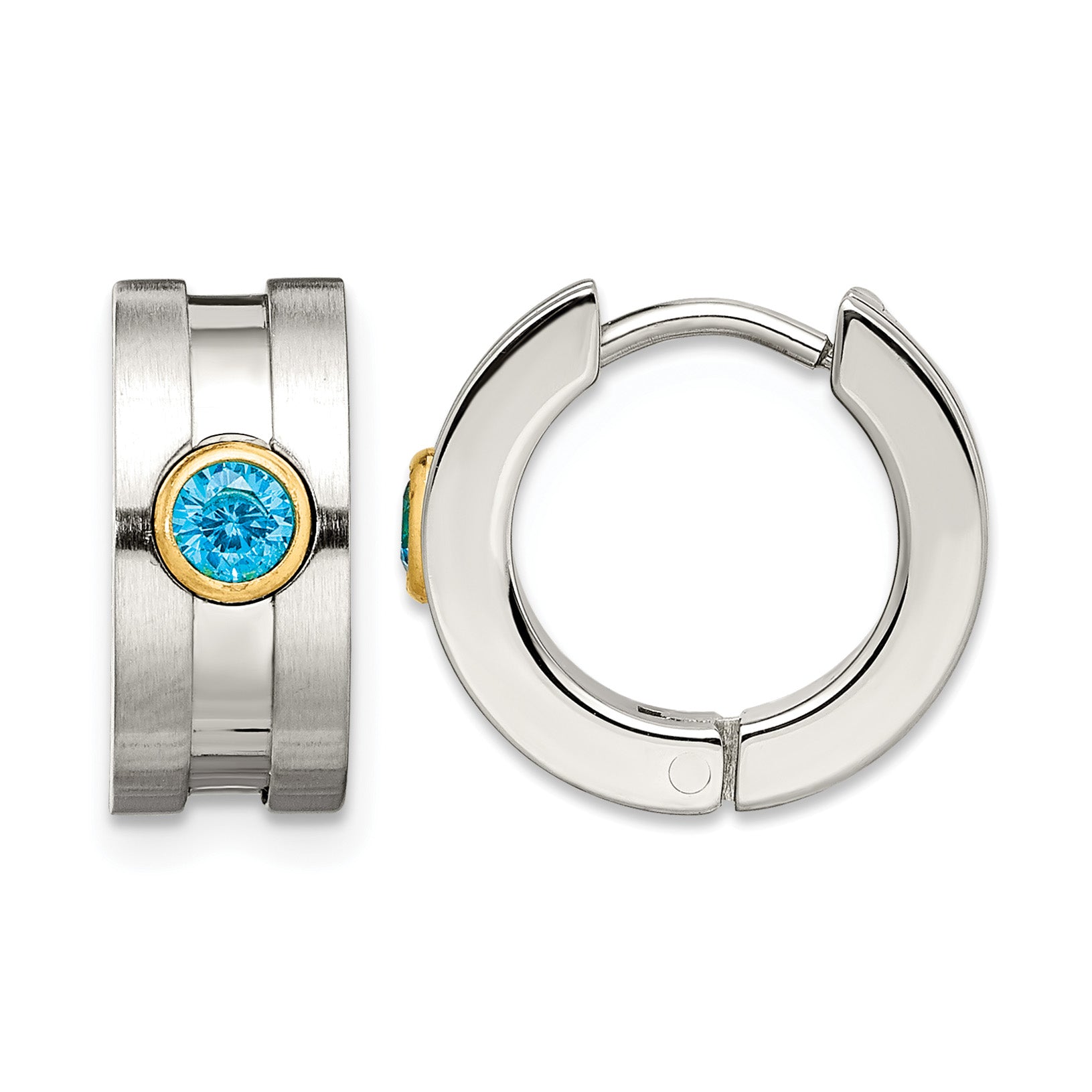 Stainless Steel Gold-Tone Polished & Brushed Hinged Blue Cubic Zirconia Huggie Hoop Earrings Main image