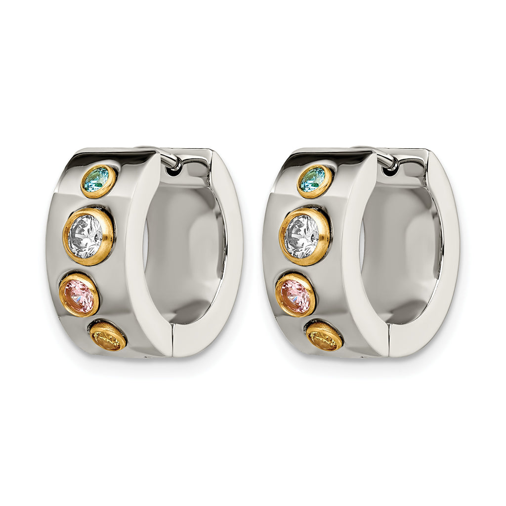 Stainless Steel Gold-Tone Polished Hinged Yellow Cubic Zirconia Huggie Hoop Earrings