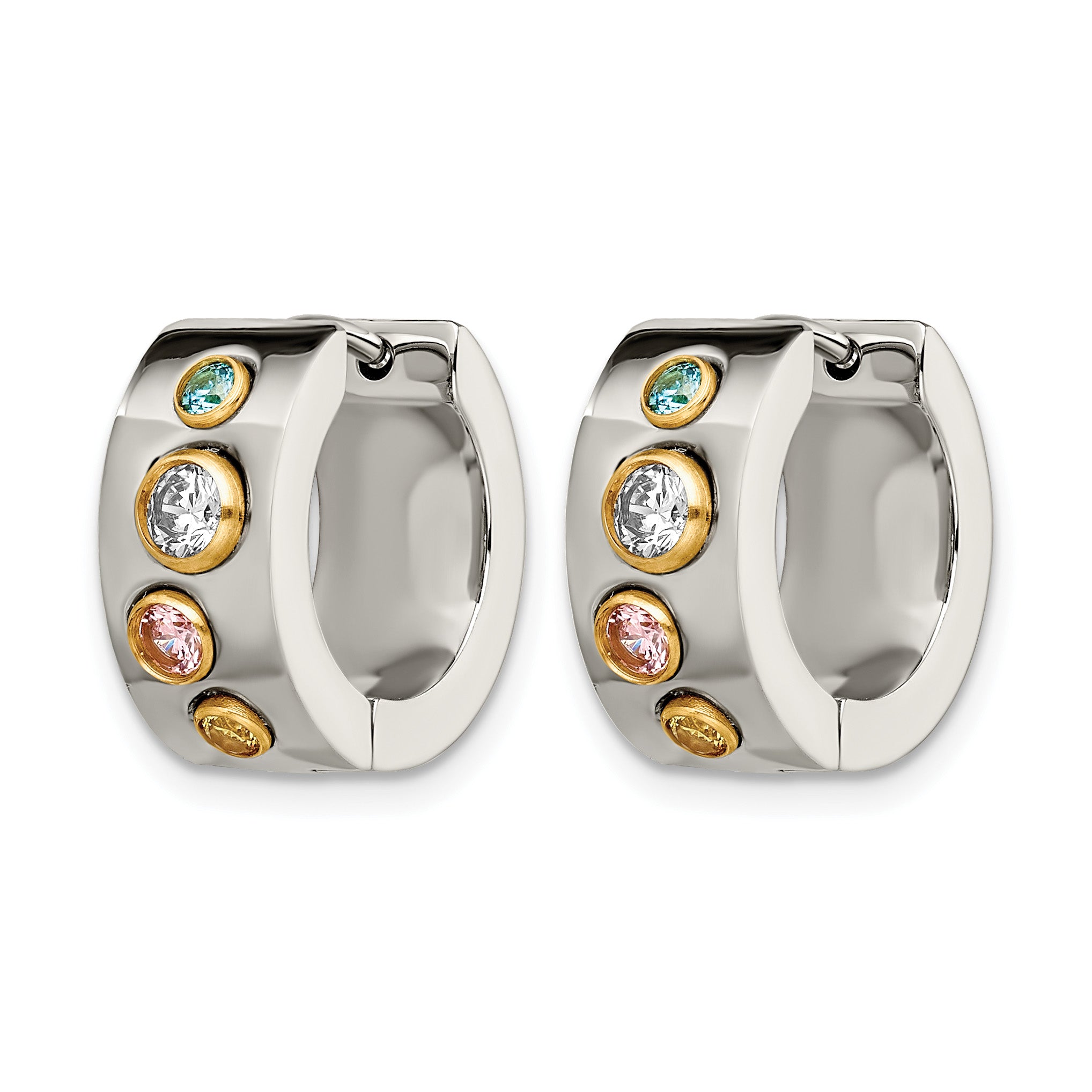 Stainless Steel Gold-Tone Polished Hinged Yellow Cubic Zirconia Huggie Hoop Earrings