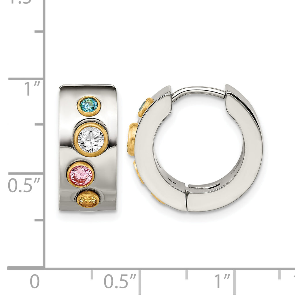 Stainless Steel Gold-Tone Polished Hinged Yellow Cubic Zirconia Huggie Hoop Earrings