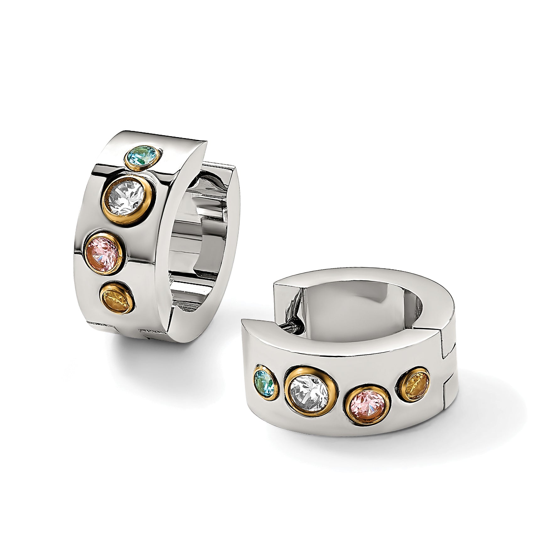 Stainless Steel Gold-Tone Polished Hinged Yellow Cubic Zirconia Huggie Hoop Earrings