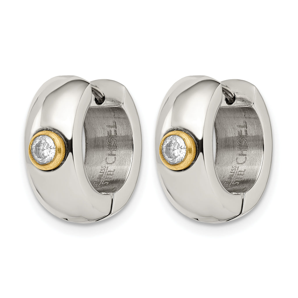Stainless Steel Gold-Tone Polished Hinged Yellow Cubic Zirconia Huggie Hoop Earrings