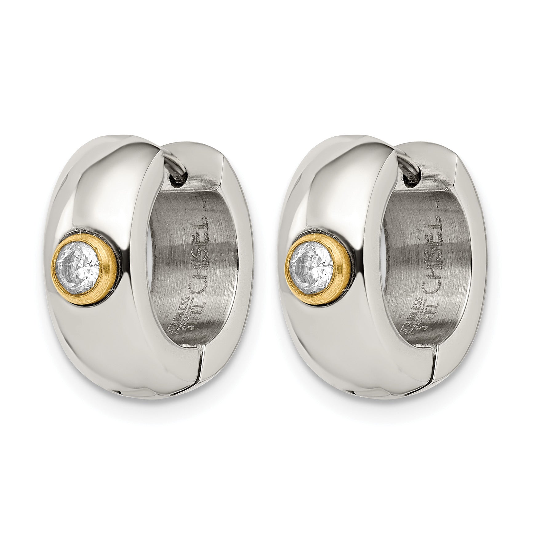 Stainless Steel Gold-Tone Polished Hinged Yellow Cubic Zirconia Huggie Hoop Earrings