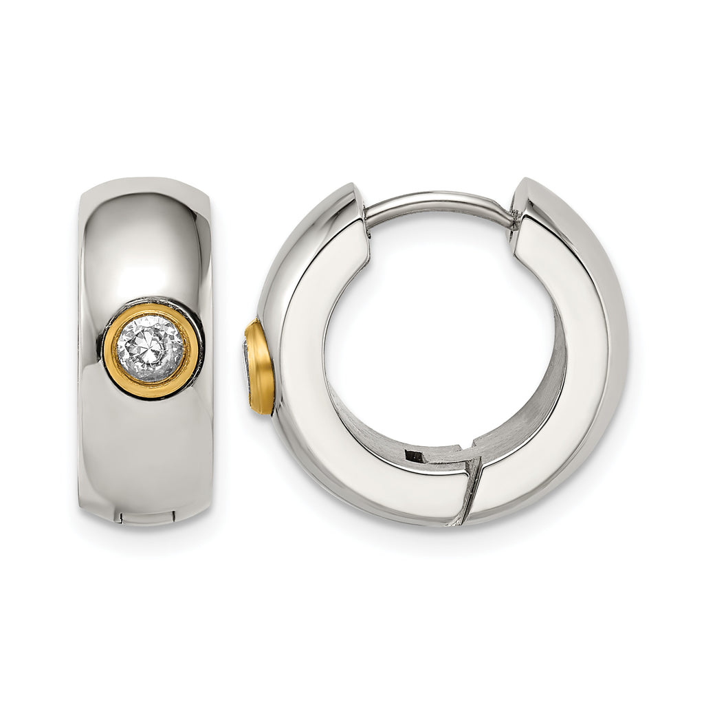 Stainless Steel Gold-Tone Polished Hinged Yellow Cubic Zirconia Huggie Hoop Earrings