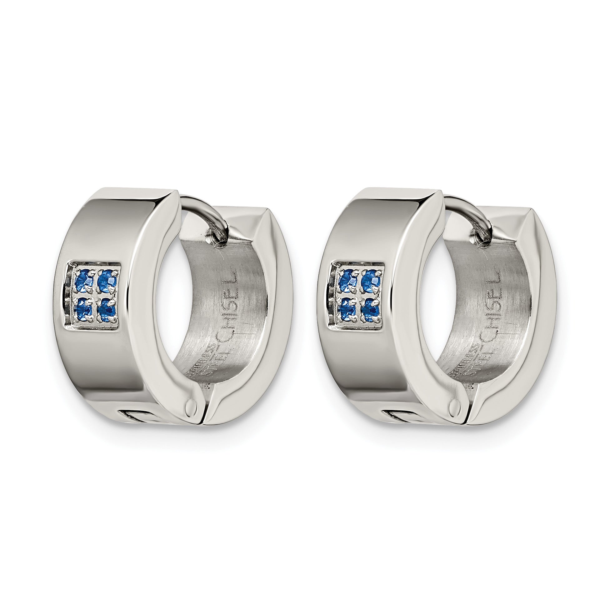 Stainless Steel Polished & Brushed Hinged Blue Cubic Zirconia Huggie Hoop Earrings Secondary image