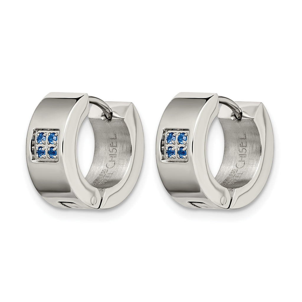 Stainless Steel Polished & Brushed Hinged Blue Cubic Zirconia Huggie Hoop Earrings