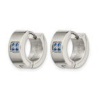 Stainless Steel Polished & Brushed Hinged Blue Cubic Zirconia Huggie Hoop Earrings