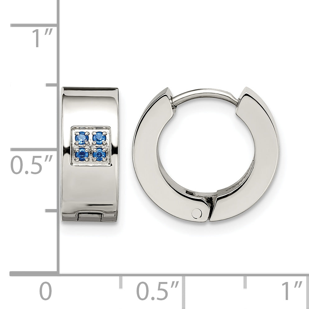 Stainless Steel Polished & Brushed Hinged Blue Cubic Zirconia Huggie Hoop Earrings