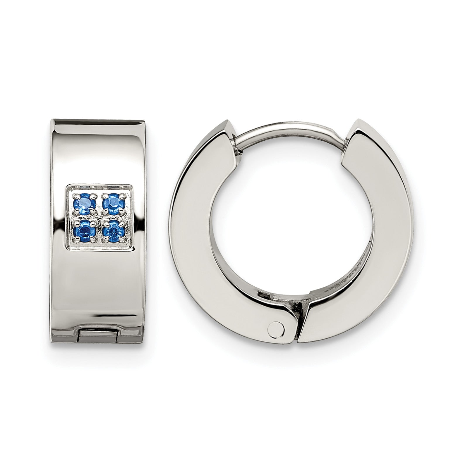 Stainless Steel Polished & Brushed Hinged Blue Cubic Zirconia Huggie Hoop Earrings Main image