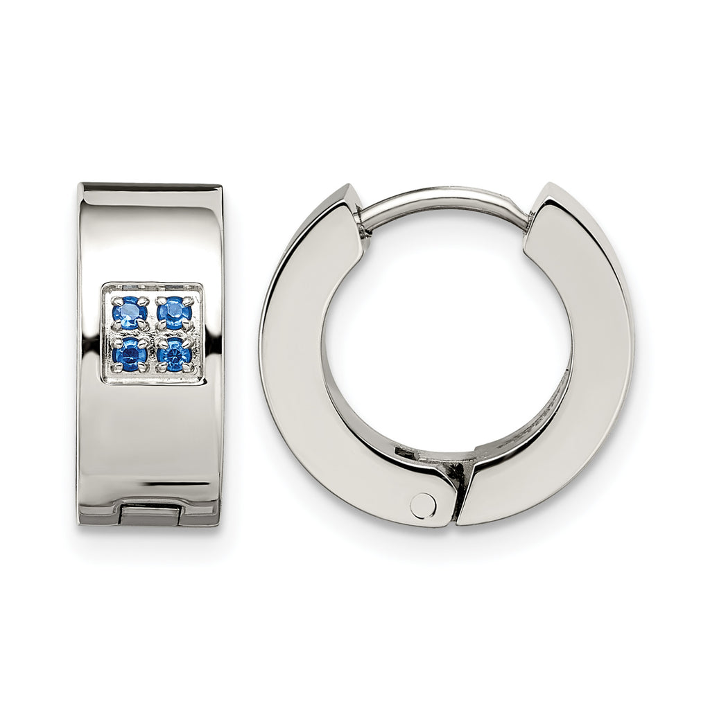 Stainless Steel Polished & Brushed Hinged Blue Cubic Zirconia Huggie Hoop Earrings