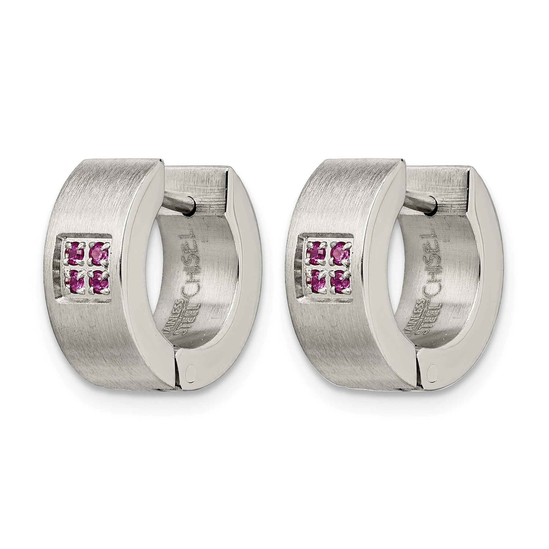 Stainless Steel Polished & Brushed Hinged Pink Cubic Zirconia Huggie Hoop Earrings Secondary image