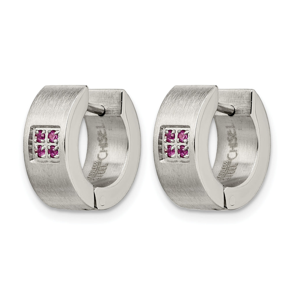 Stainless Steel Polished & Brushed Hinged Pink Cubic Zirconia Huggie Hoop Earrings