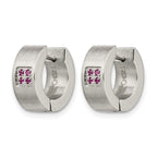 Stainless Steel Polished & Brushed Hinged Pink Cubic Zirconia Huggie Hoop Earrings