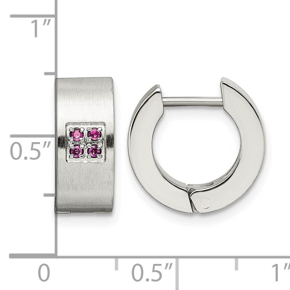 Stainless Steel Polished & Brushed Hinged Pink Cubic Zirconia Huggie Hoop Earrings