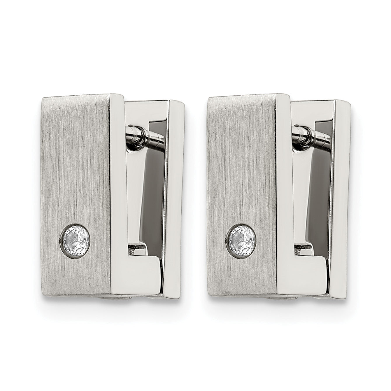 Stainless Steel Polished & Brushed Square Hinged Cubic Zirconia Huggie Hoop Earrings Secondary image