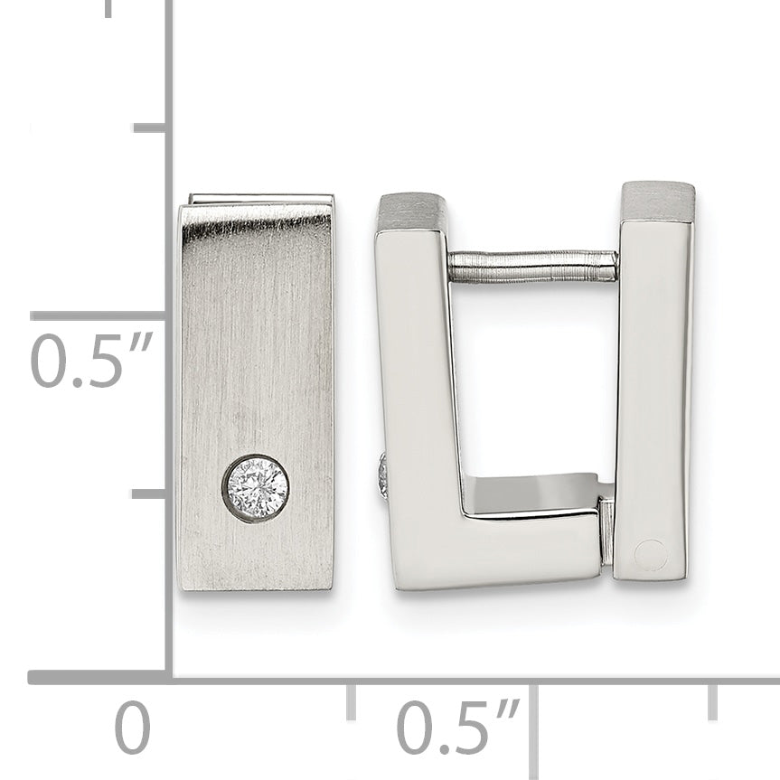 Stainless Steel Polished & Brushed Square Hinged Cubic Zirconia Huggie Hoop Earrings